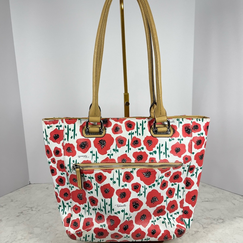 Tignanello strawberry Poppy Print Tote with Tan Handles